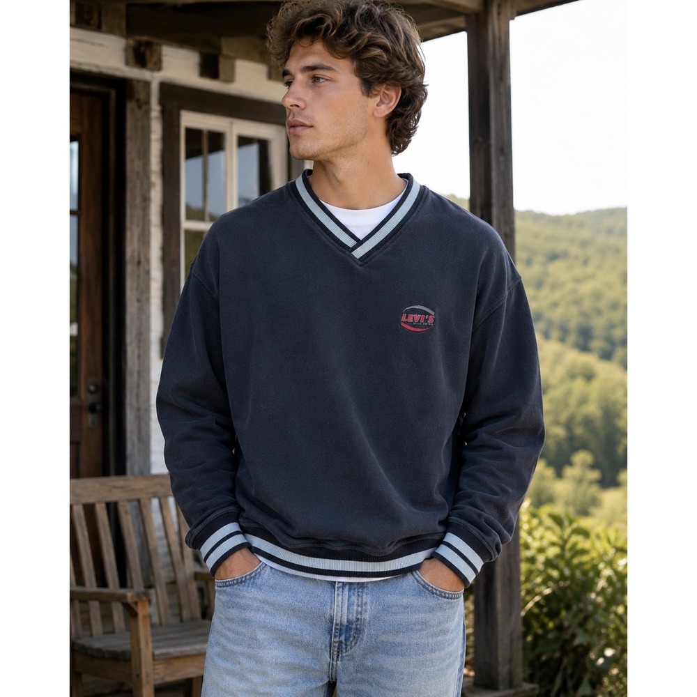 Levi's V-Neck Sweatshirt Mens Size M Black Vintage Logo Pullover